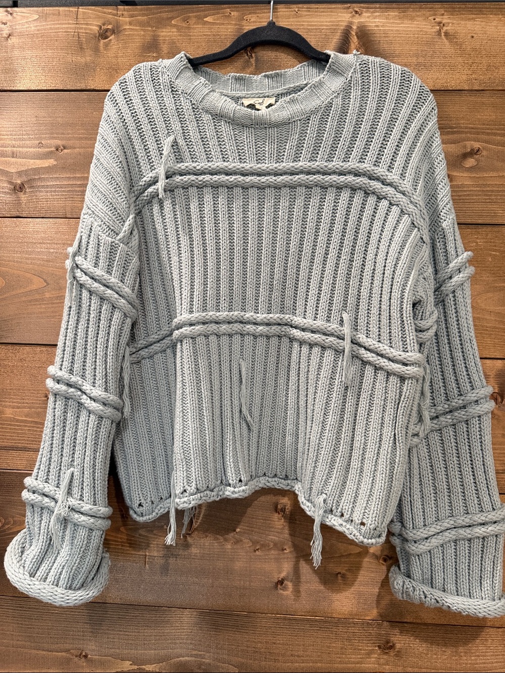 easel Cable-Accent Crewneck Sweater in Light Slate Blue-Gray